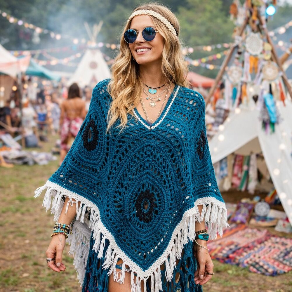 Hand Crafted Crochet Teal Poncho Boho Bohemian Festival Fringe Essential Fall